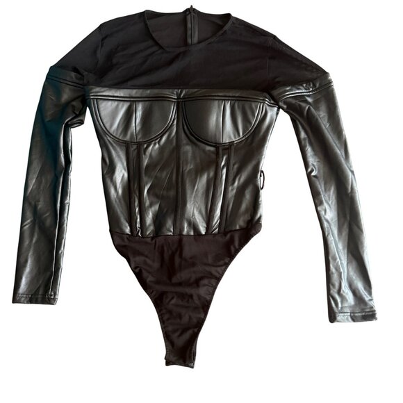 N/A Tops - Black Faux Leather Long-Sleeve Corset Bodysuit For Women